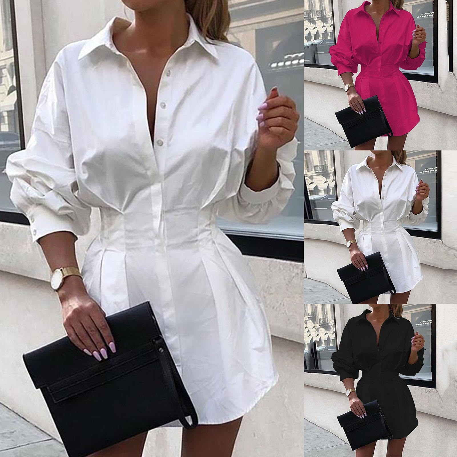 ROBE Chemise femme robe à col fermé confortable automneprintemps robe simple de couleur pure